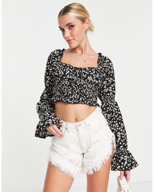 Love Triangle long sleeve tie front crop top in ditsy floral part of a set-