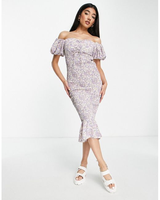 Love Triangle puff sleeve shirred midi dress in lilac floral-