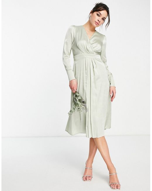 Tfnc Bridesmaid long sleeve satin wrap dress in sage green-