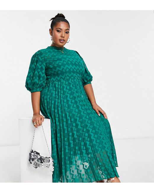 ASOS Curve DESIGN Curve high neck pleated chevron textured midi dress with puff sleeve in forest