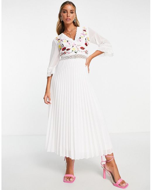 Asos Design lace insert pleated midi dress with embroidery in