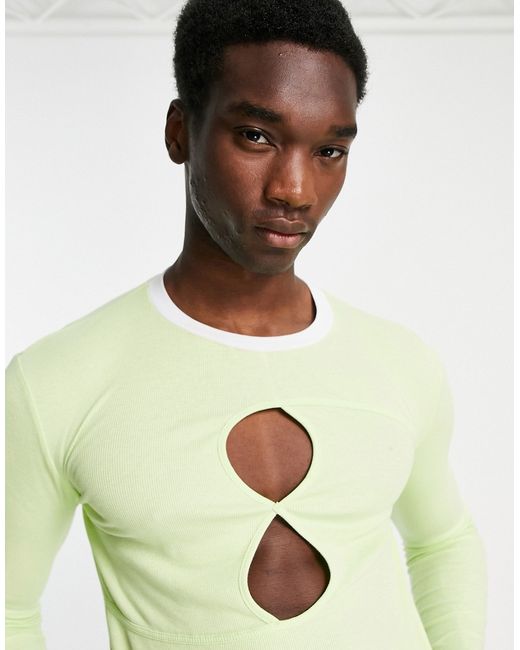 Asos Design long sleeve muscle t-shirt in lime with cut outs and contrast ringer-
