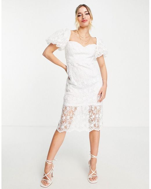 Love Triangle puff sleeve midi dress in white lace-