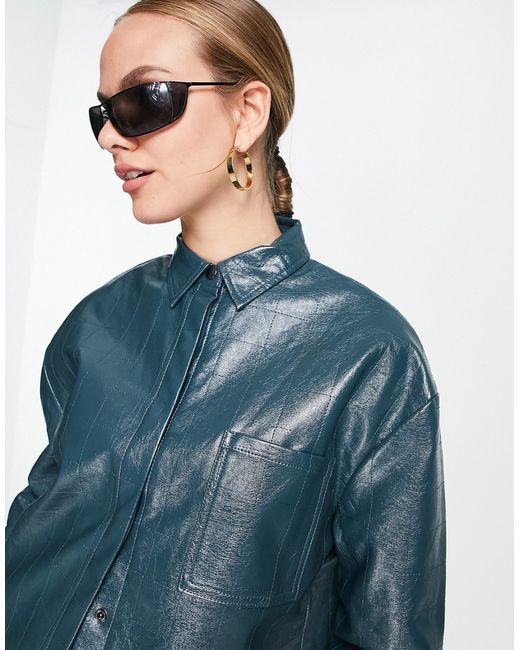 4th & Reckless oversized leather look embossed shirt in teal part of a set-