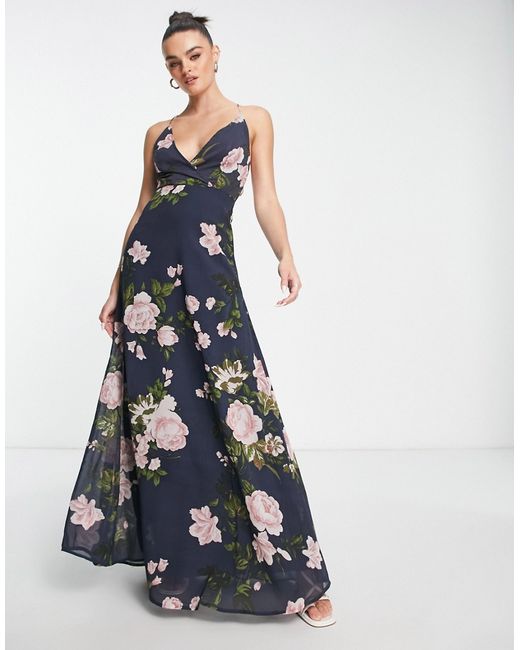Asos Design cami wrap maxi dress with lace up back in navy floral-