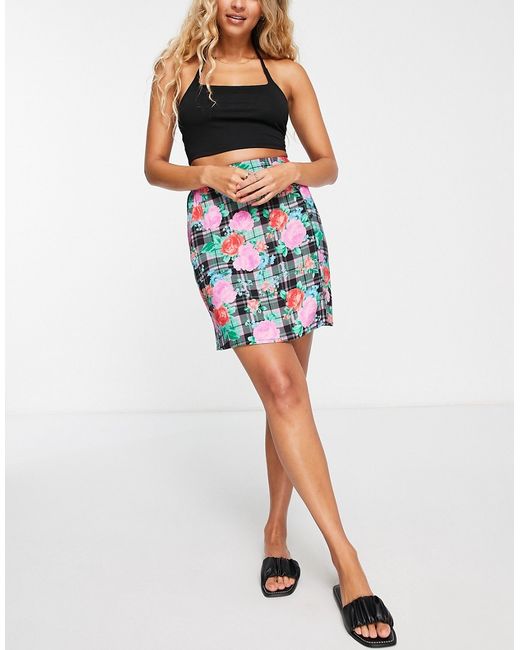 Miss Selfridge button through mini skirt in check floral-