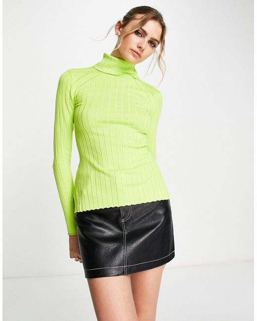 River Island wide rib roll neck sweater in lime-