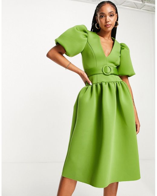 Asos Design dropped waist puff sleeve prom midi dress in olive-
