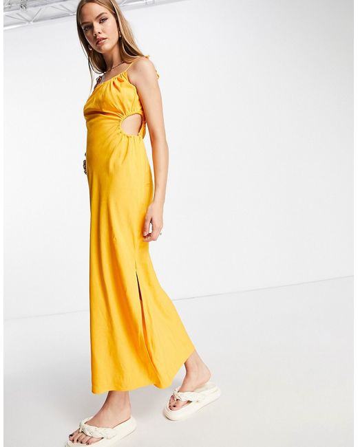 Other Stories linen blend maxi dress with ruching and side cut-out in yellow-