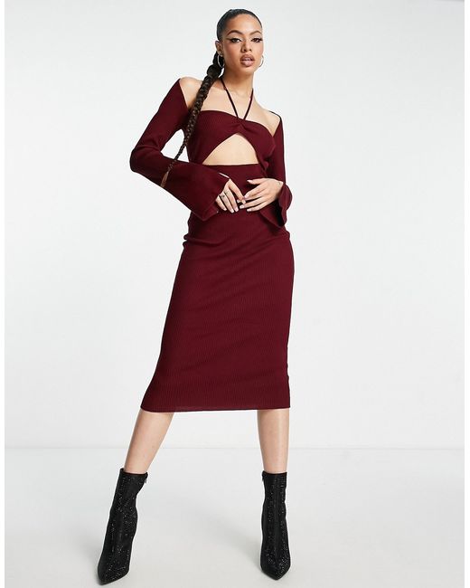Missguided cut-out halterneck midaxi dress in burgundy-