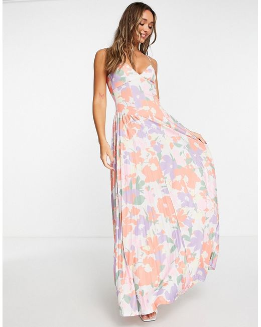 Asos Design polyester side pleat maxi dress in apricot floral