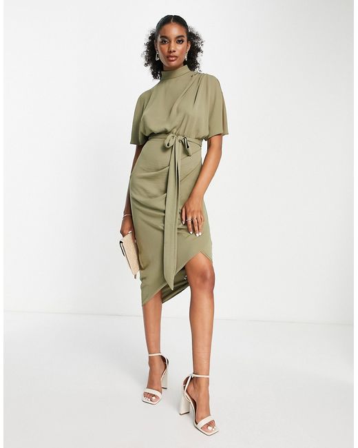 Asos Design cap sleeve split midi wrap front dress in olive-