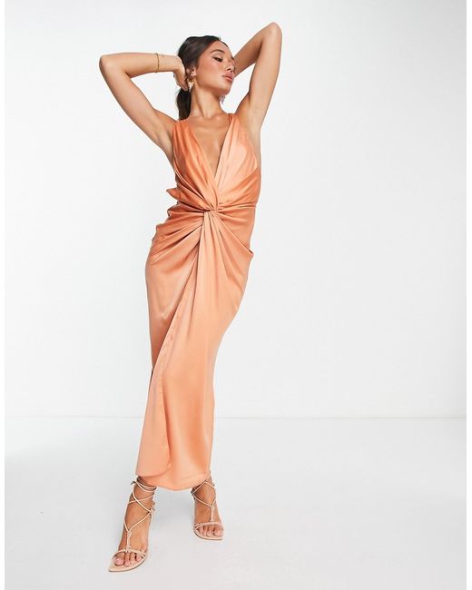 Asos Design satin maxi dress with knot front and drape skirt in bronze-