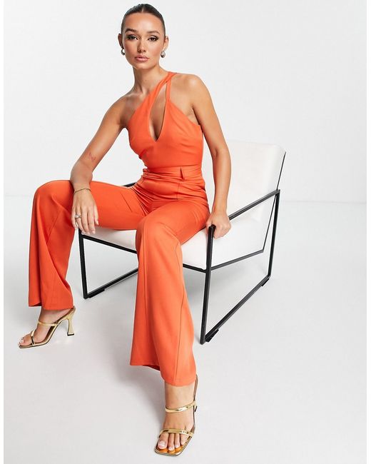 Extro & Vert asymmetric strappy jumpsuit with wide leg in rust-
