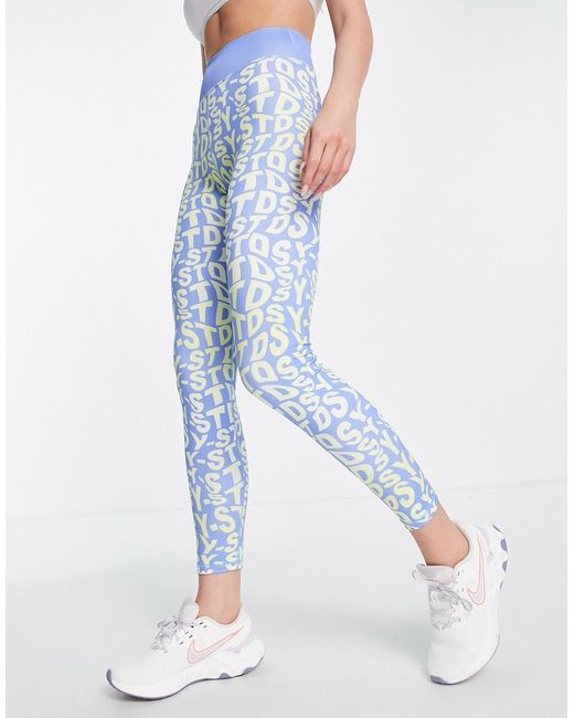 Daisy Street Active all-over logo leggings in blue and yellow-