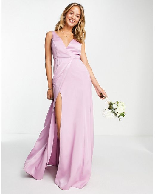 Asos Design Bridesmaids satin wrap maxi dress with tie detail in lilac-
