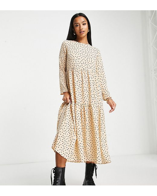 ASOS Petite DESIGN Petite long sleeve tiered smock midi dress in beige spot print-