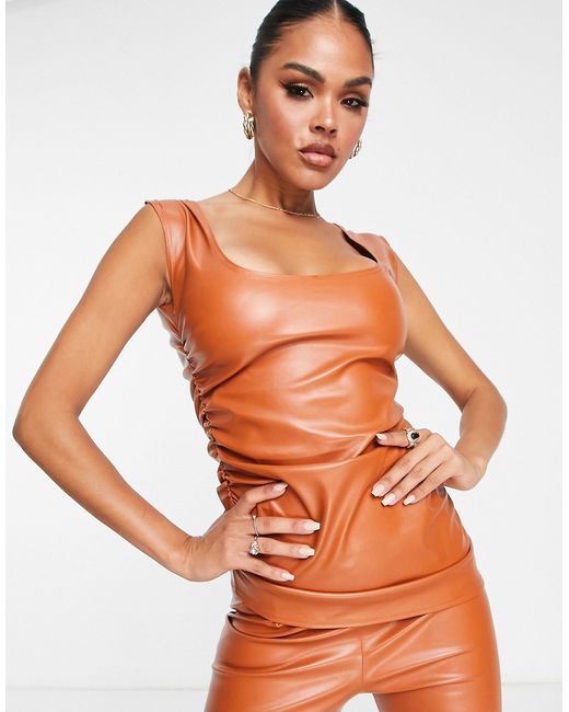 Fashionkilla leather look ruched side top in rust part of a set-