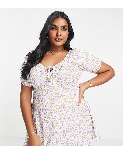 Yours keyhole puff sleeve top in white floral-