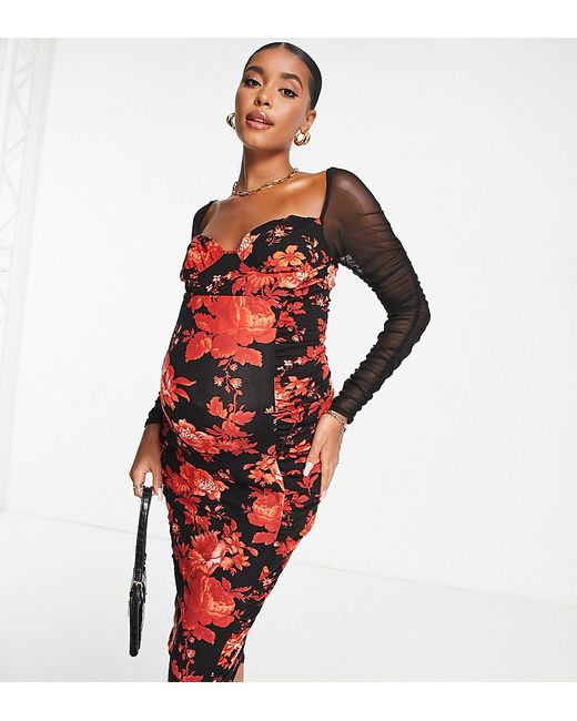 ASOS Maternity DESIGN Maternity mesh long sleeve ruched midi dress in red floral print-