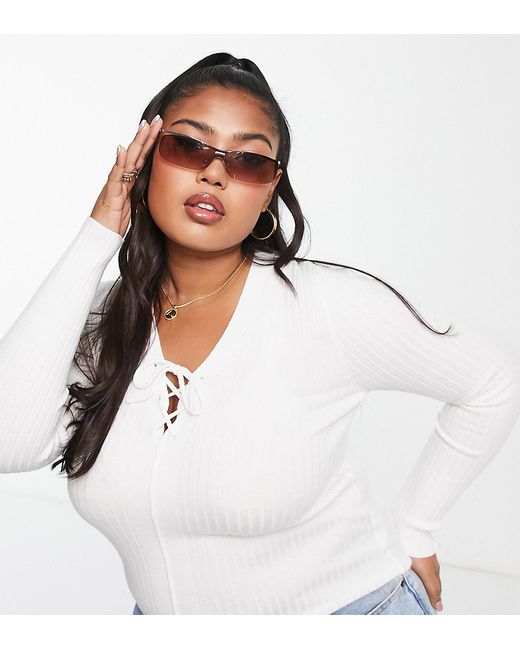ASOS Curve DESIGN Curve sweater with lace up detail in cream-