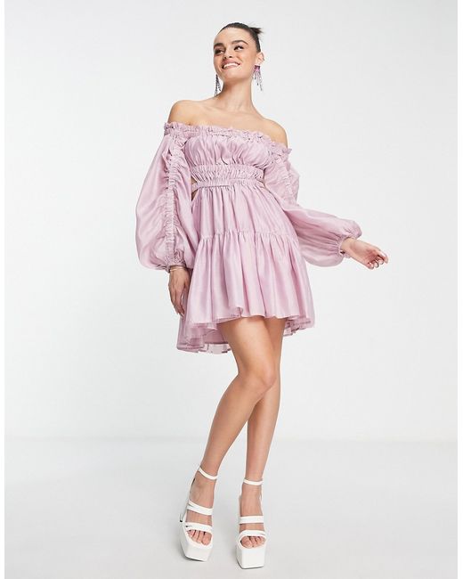 Asos Design off-shoulder mini dress with ruched paneled detail in washed lilac-