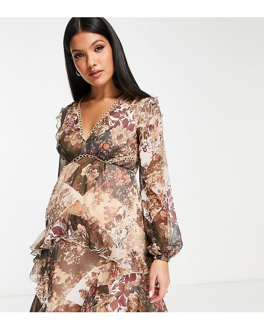 ASOS Maternity DESIGN Maternity long sleeve mini dress in patchwork floral print with circle trims-