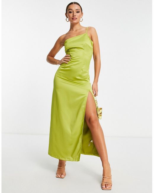 Extro & Vert one shoulder maxi dress with split in olive satin-