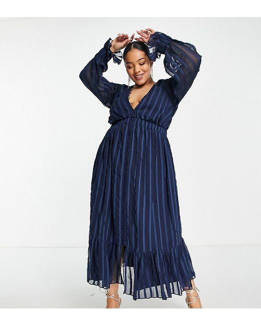 ASOS Curve DESIGN Curve satin stripe midi dress with blouson sleeve and button detail in