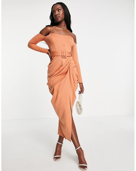 Asos Design bardot belted drape midi pencil dress in light tan-