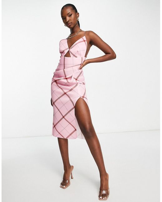 Asos Design cami midi pencil dress in pink plaid-