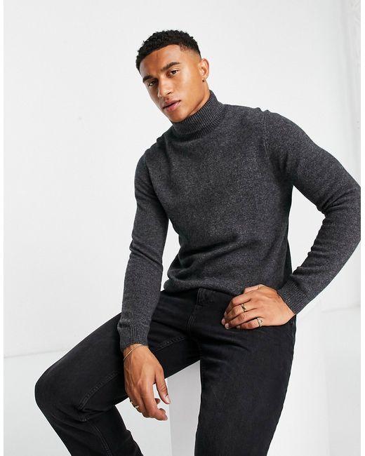 Asos Design lambswool roll neck sweater in charcoal-