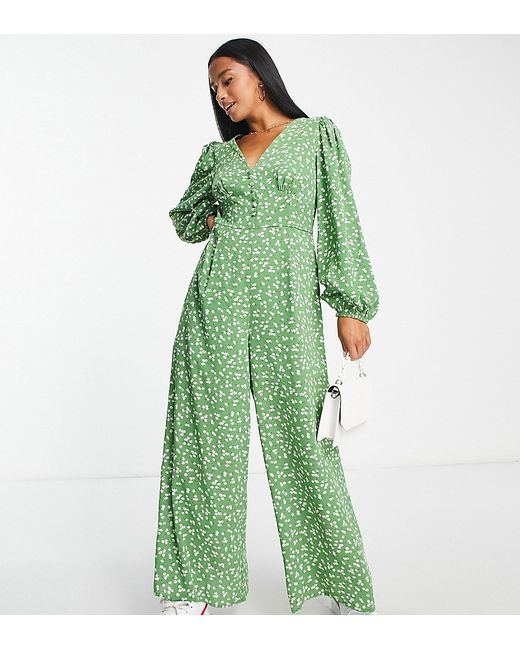 Glamorous Petite v-neck button front jumpsuit in mini daisy print