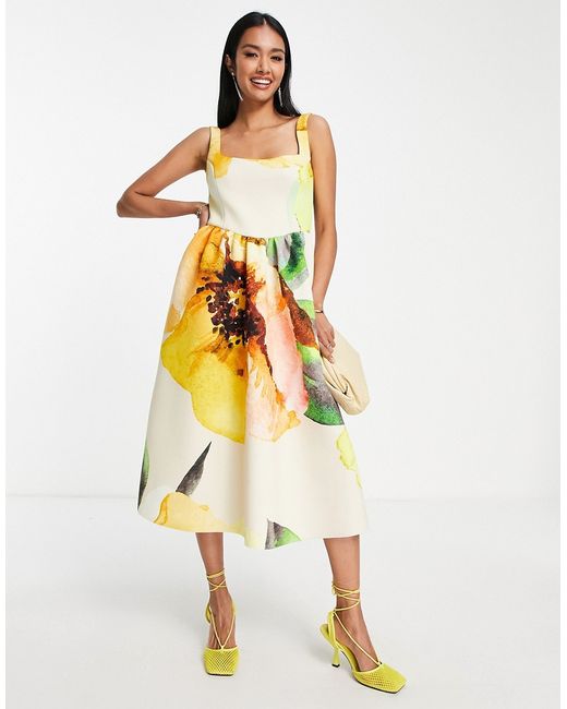 Asos Design square neck midi prom dress in painted floral print-
