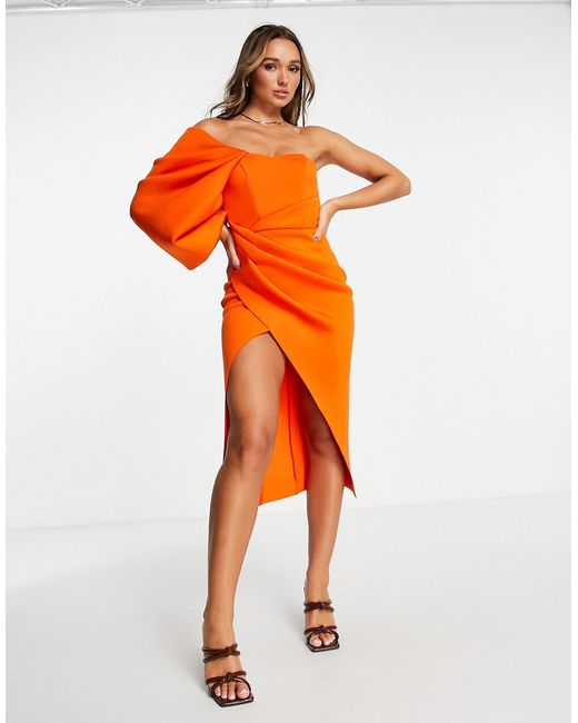 Asos Design one shoulder wrap tuck pencil dress in flame