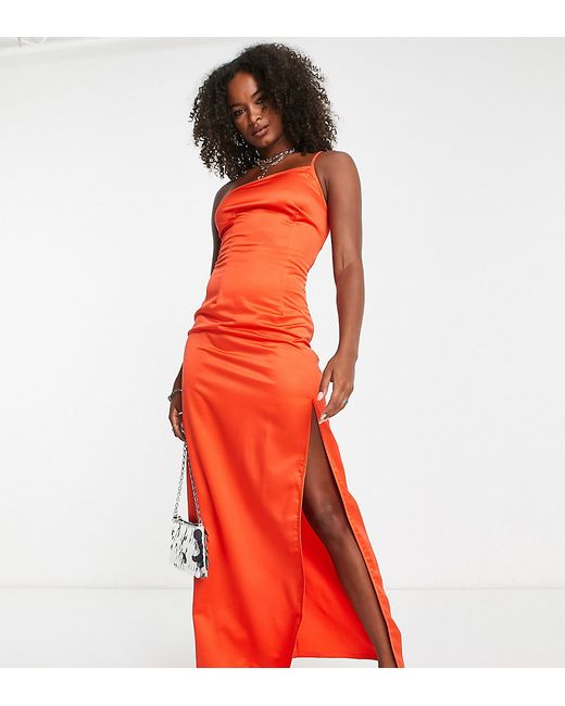 Extro & Vert Tall one shoulder maxi dress with split in rust satin-