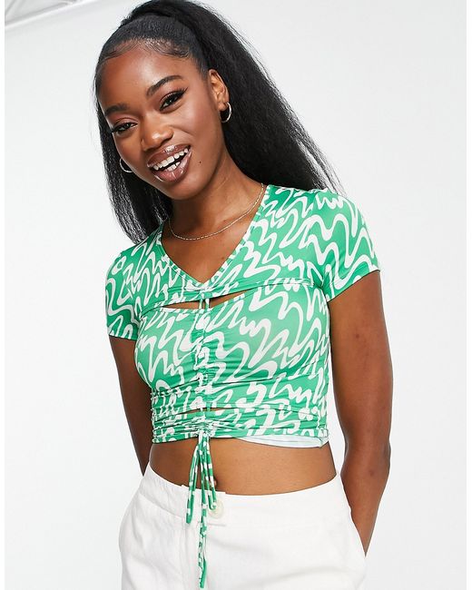 Monki cut out top with halter detail in wave print