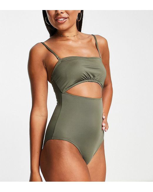 Accessorize Exclusive ruched bandeau cut out swimsuit in khaki-