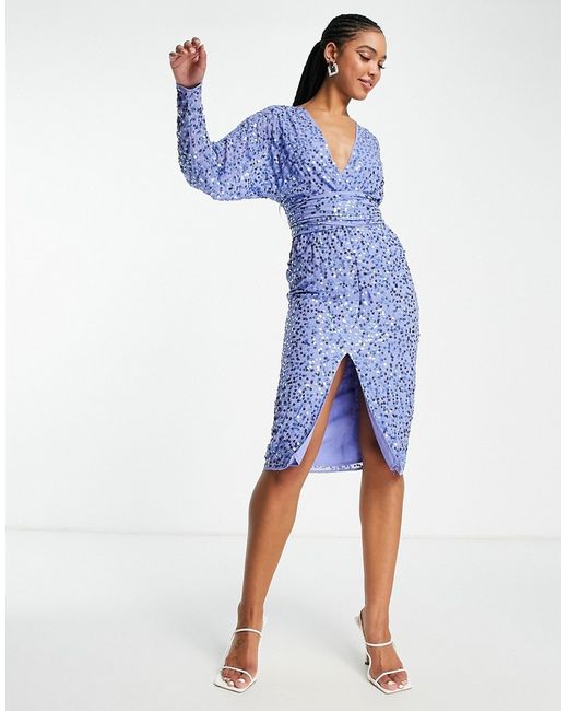 Asos Design midi dress with batwing sleeve and wrap waist in scatter sequin