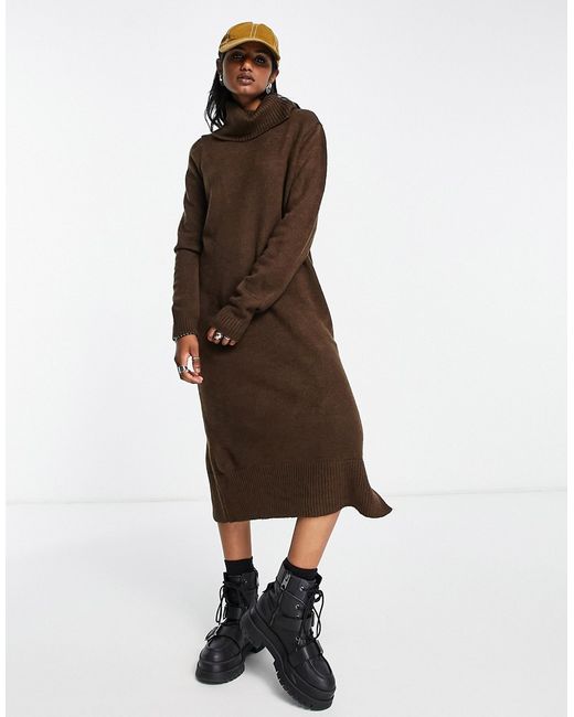 Only roll neck midi sweater dress in chocolate