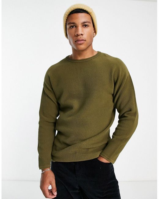 Selected Homme ribbed crew neck knitted sweater in khaki-