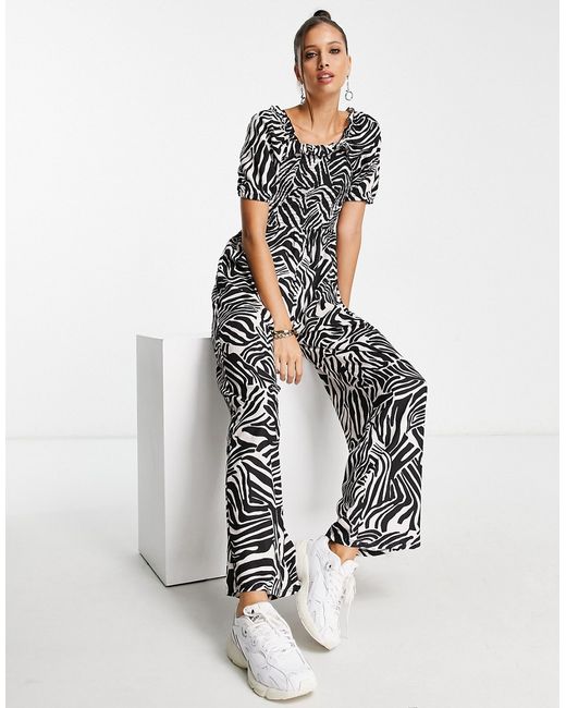 River Island shirred abstract zebra print jumpsuit in