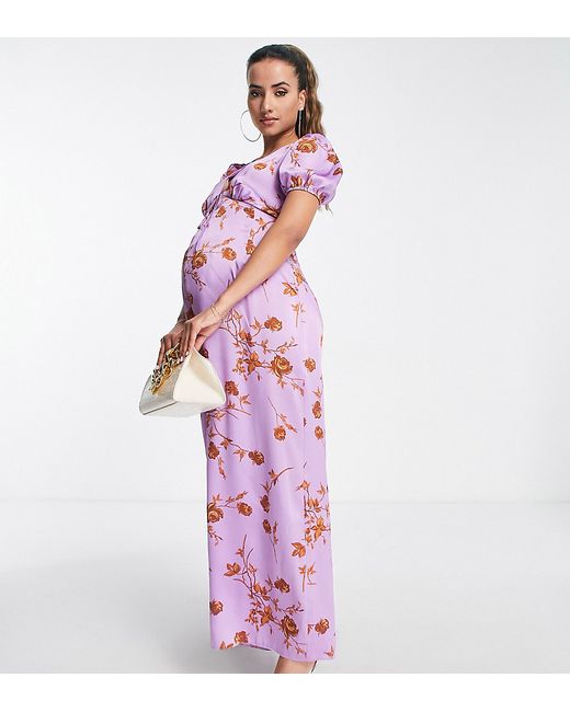 Asos Design Maternity satin tea jumpsuit with puff sleeve in floral print-