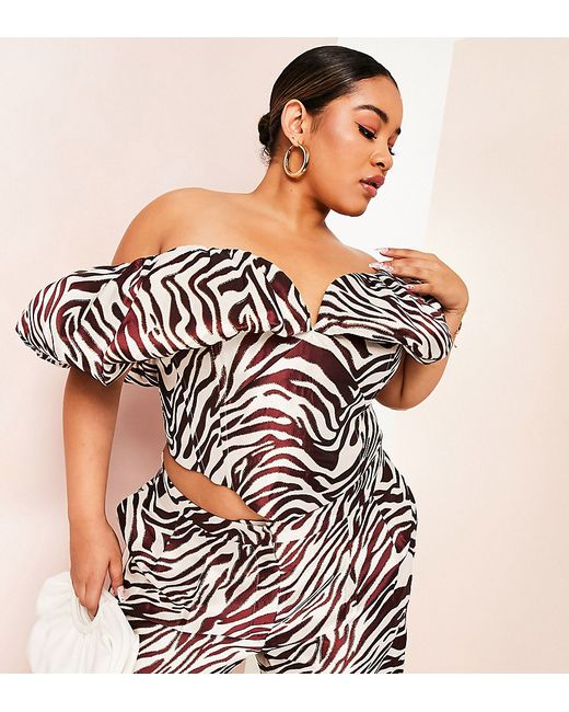 ASOS Luxe Curve off shoulder puff sleeve top in zebra jacquard part of a set-