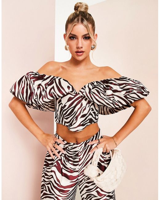ASOS Luxe off shoulder puff sleeve top in zebra jacquard part of a set-