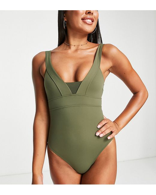 Accessorize plunge front with mesh insert swimsuit in olive-