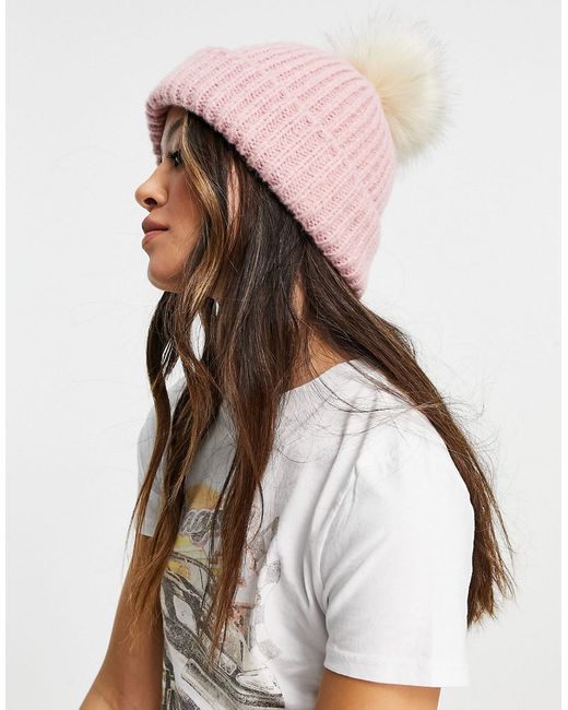 TopShop knitted fur pom beanie in dusky