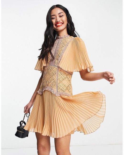 Asos Design mini dress with contrast lace trims and pleated cape sleeve in