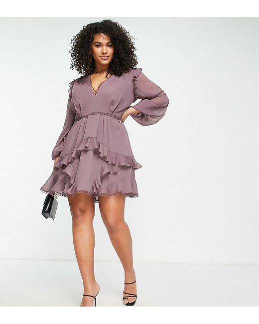 Asos Design Curve mini dress with long sleeve and circle trim in mauve-