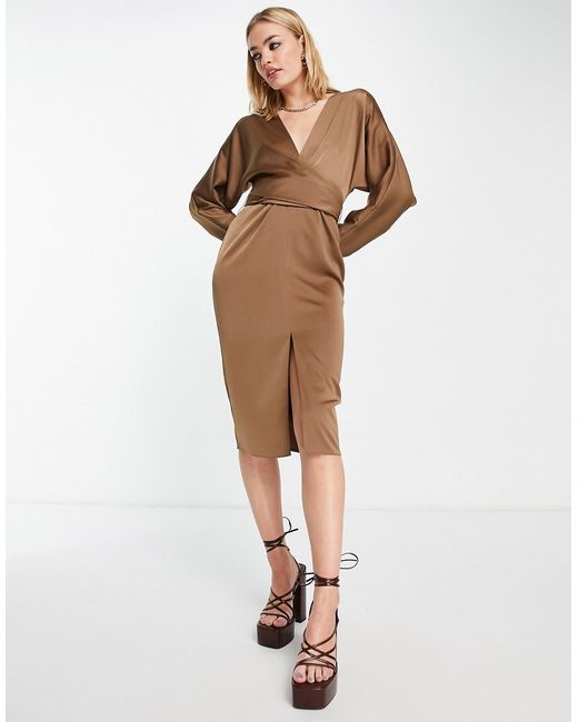 Asos Design mini dress with batwing sleeve and wrap waist in satin